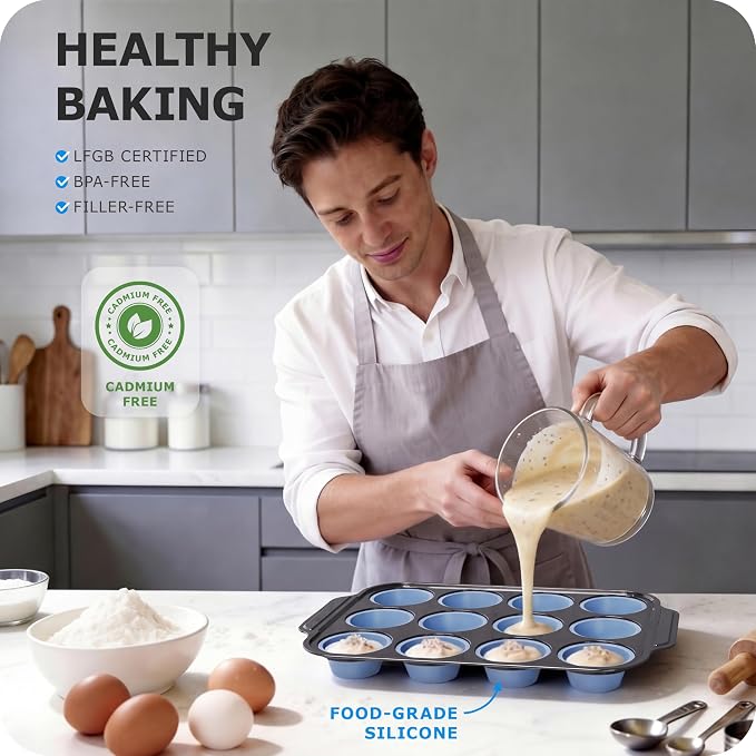 Silicone Muffin Pan for Baking with Metal Frame, 12 Cup Regular Size Cupcake Pan, Nonstick Food Grade Silicone Muffin Tin for Baking, Easy Release Egg Bite Molds, BPA Free