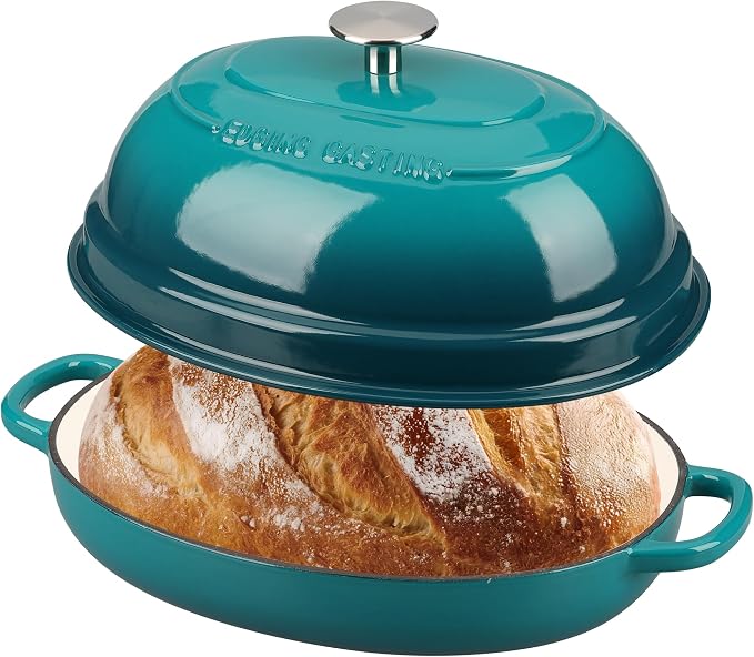 EDGING CASTING Enameled Oval Cast Iron Dutch Oven Pot with Lid, Bread Dutch Oven for Sourdough Bread Baking, Dutch Oven Bread, Bread Oven, 6QT, Darkcyan