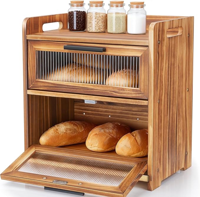 Bread Box for Kitchen Countertop, Large Wooden Breadbox with Cutting Board | Double Layer Bread Storage Container for Homemade Bread with Handles, Acrylic Window and Air Vents Keep Bread Fresh (Brown)