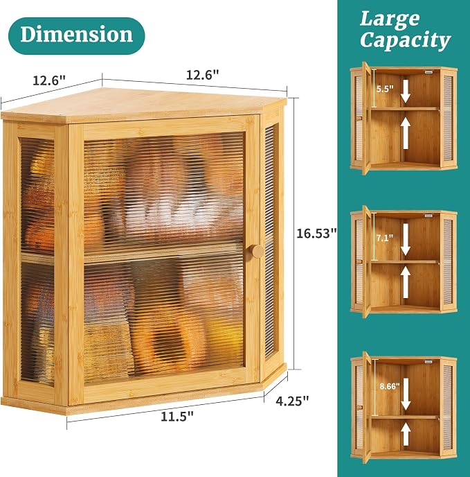 Corner Bread Box, Large Bamboo Bread Box for Kitchen Countertop, 2 Tier Wooden Bread Storage (Natural, Large)