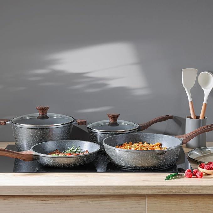 SENSARTE Nonstick Cookware Set 13 Pcs, Non Stick Pots and Pans Set | Swiss Granite Coating, Healthy Kitchen Cooking Set, Stay-Cool Handles, Induction Compatible, PFOA/PFOS Free