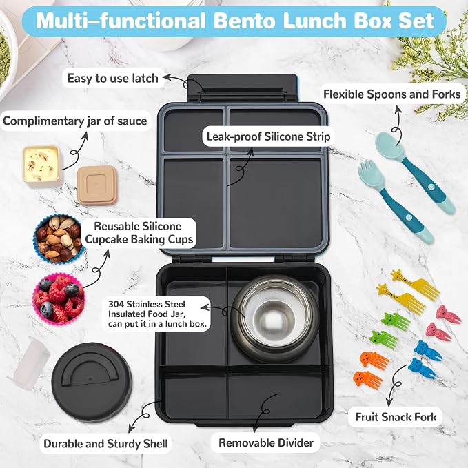 Bento Lunch Box with 9.5 oz Soup Thermo, Kids Leakproof 4 Compartments Bento Box with Silicone Cupcake,Fruit Fork,Spoon and Sauce Cup,Insulated Food Jar for School Travel-Game