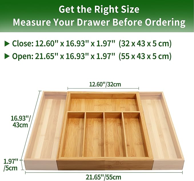 VaeFae Bamboo Drawer Organizer, Large, Natural | Expandable Silverware Organizer, Kitchen Utensil Storage, Wooden Cutlery Tray with Dividers, Fork and Spoon Holder