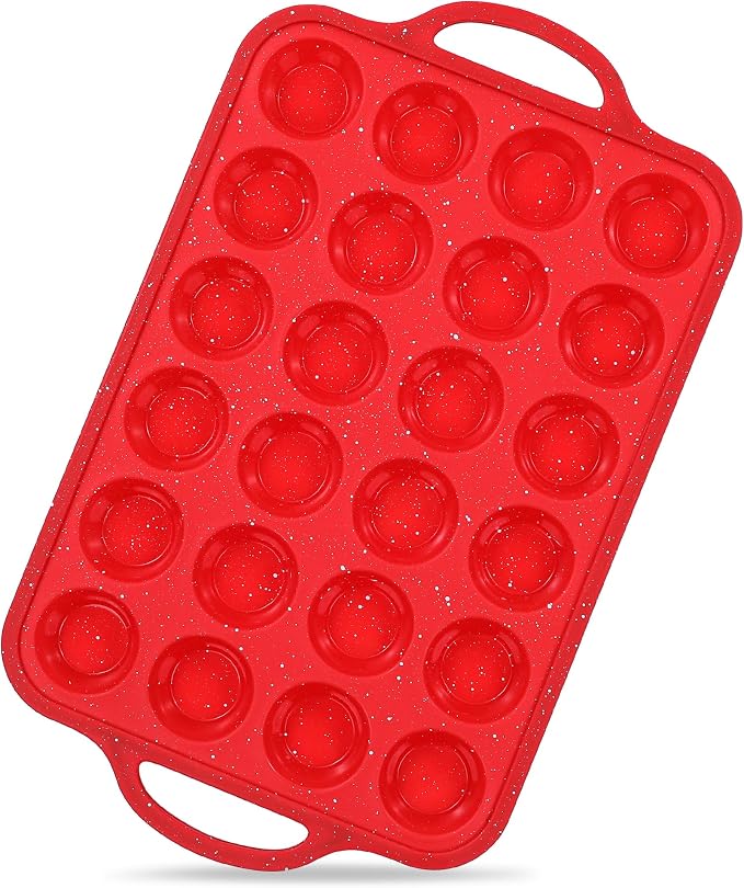 24-Cup Mini Silicone Muffin Pan with Reinforced Steel Frame,Red-Whitedot | Regular Size Cupcake Pan, BPA Free Silicone Muffin Tray, Reinforced Steel Frame for Stability, Easy Baking & Cleanup, 1Pk