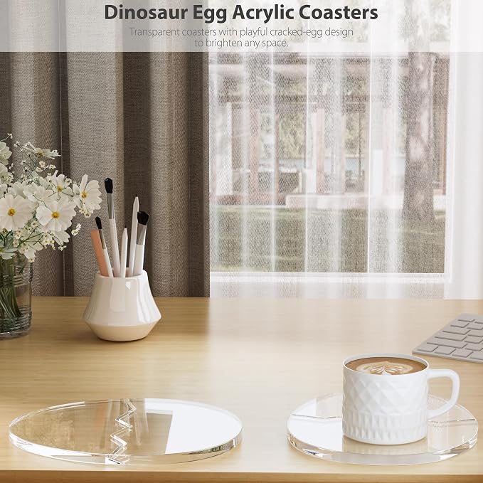 Acrylic Coaster Decorative Plates,2Pcs/Set Office Desk Accessories, Clear Dinosaur Egg Shape Coffee Cup Decor, Perfect for Tabletop Protection and Display.