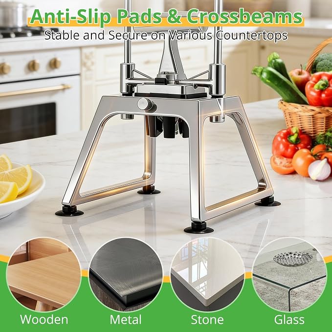Commercial Vegetable Chopper & Fry Cutter, 3-Blade Manual Dicer | 1/4", 3/8" & 8-wedge blades, stainless steel cutters, aluminum alloy frame, suction base, detachable parts for easy cleaning