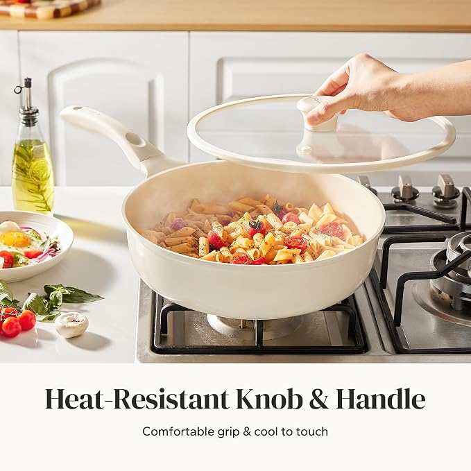 Redchef Nonstick Deep Frying Pan with Lid, Ceramic Saute Pan Skillet, PFOA PFOS Free, Induction Compatible, Stay-Cool Helper Handle, Tempered Glass Cover, Dishwasher Safe, Beige (3.7Qt, 10")