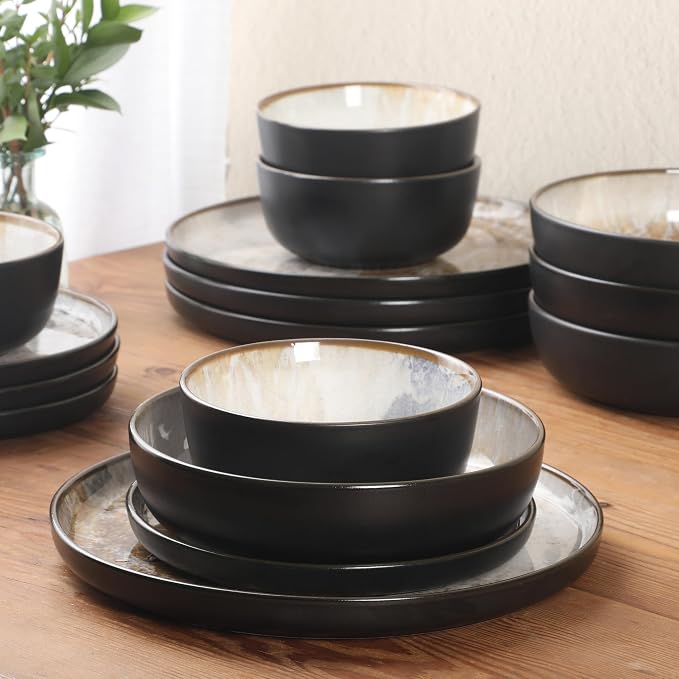Gibson Elite Chantilly Hill 16-Piece Ceramic Dinnerware Set, Round Plates & Bowls, Multicolor Leaf Design, Microwave & Dishwasher Safe, Service for 4