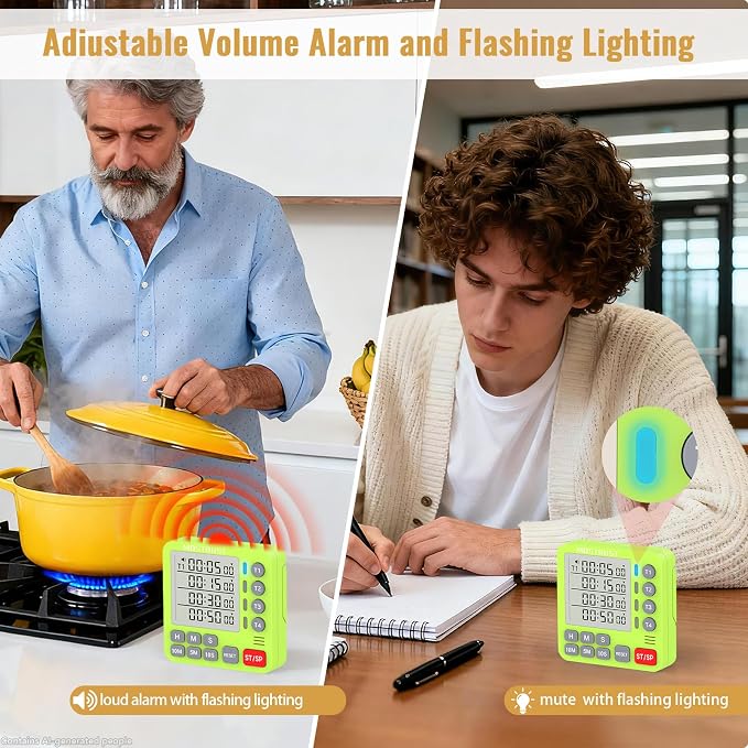 Digital Dual Kitchen Timer, Multiple Channels Countdown Timer | 4-Groups Timer with Magnetic-Back Memory-Preset Large Display Adjustable Alarm Volume, 3A Battery Included, Ideal for Cooking