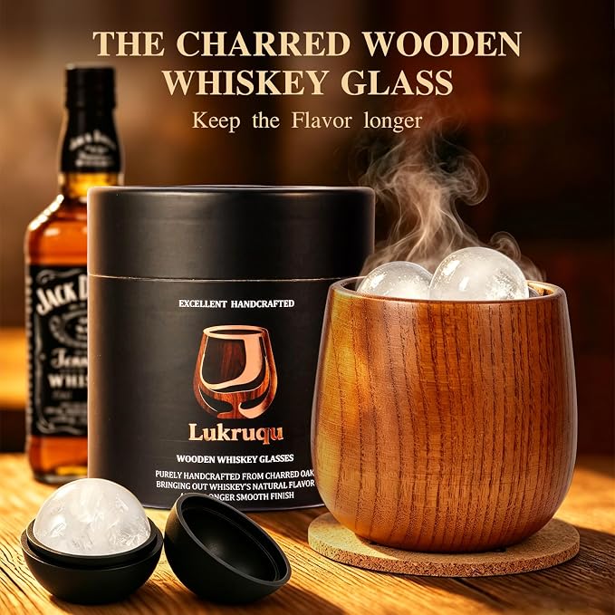 Charred Wood Whiskey Glass, Old Fashioned Bourbon Gifts for Men-2P | Handcrafted Oak Whiskey Tumbler, 10oz Collins Cup, Retirement, Birthday&Christmas for Dad Friend or Brother