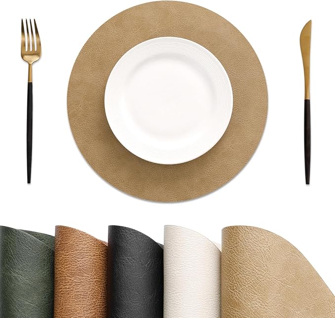 MOSAYT 13 Inch Round Vinyl Placemats Set of 4 - Faux Leather 100% Waterproof Oil-Proof Wipeable PU Place Mats, Heat Resistant Reversible Table Mats for Kitchen, Dining, Outdoor, Camel