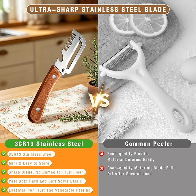 Vegetable Peeler for Kitchen,Multifunctional Vegetable Peeler With Wooden Handle And Bottle Opener,Vegetable Peelers,2-in-1 Stainless Steel Kitchen Tool for Fruit Apple Potato Pumpkin Papaya(3pcs)