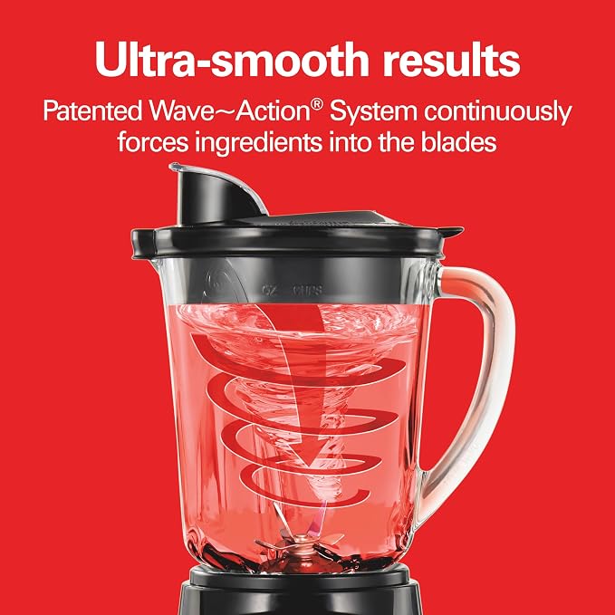 Hamilton Beach Power Elite Blender For Smoothies With Wave Action System | 40 oz. Glass Jar + 3 Cup Mini Food Chopper Attachment | 12 Functions Including Puree, Crush Ice | 700 Watts | Black | 58149G