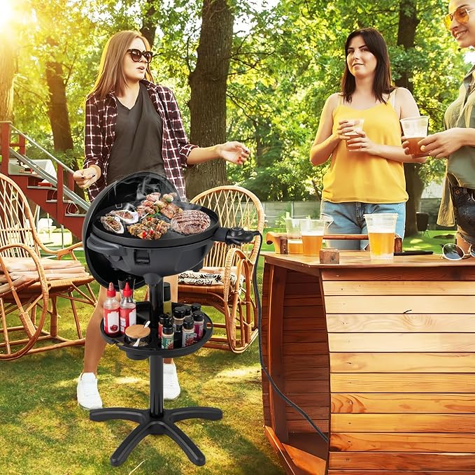 Giantex Electric Grill Outdoor Indoor, Portable BBQ Grill | Thermometer, Nonstick Griddle, Drip Tray, Condiment Tray, Freestanding & Tabletop, for Patio Apartments Backyard Party