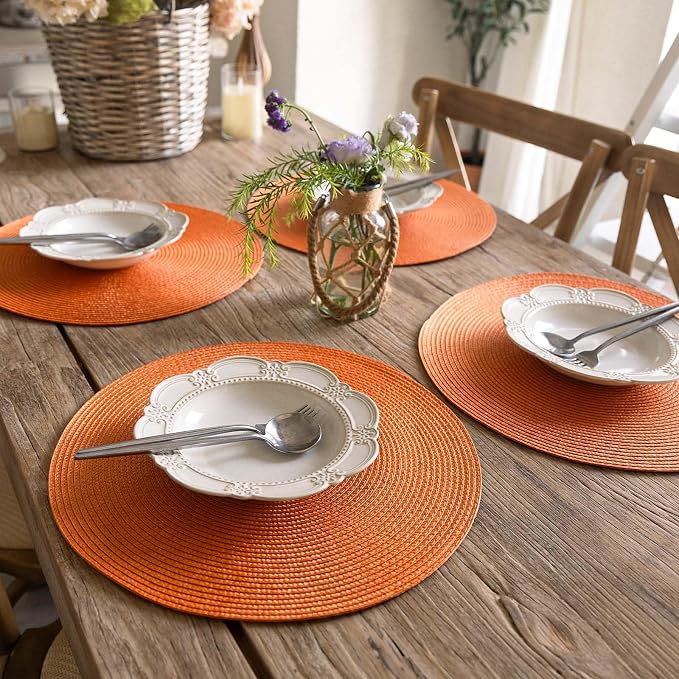 FunWheat Round Braided Placemats Set of 4 Table Mats for Dining Tables Woven Washable Non-Slip Place mats 15inch (Orange, 4pcs)