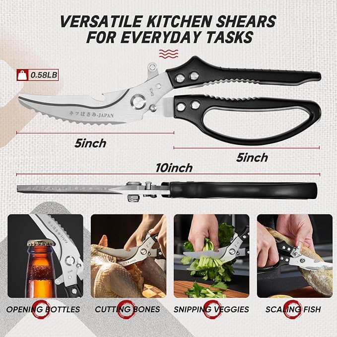 TIVOLI Multifunctional Poultry Shears Black with Non-Slip Handle | Japanese SK5 High-carbon Stainless Steel, Ergonomic Non-Slip Handle, Gift Box, for Chicken, Meat, Turkey, Fish, Vegetables