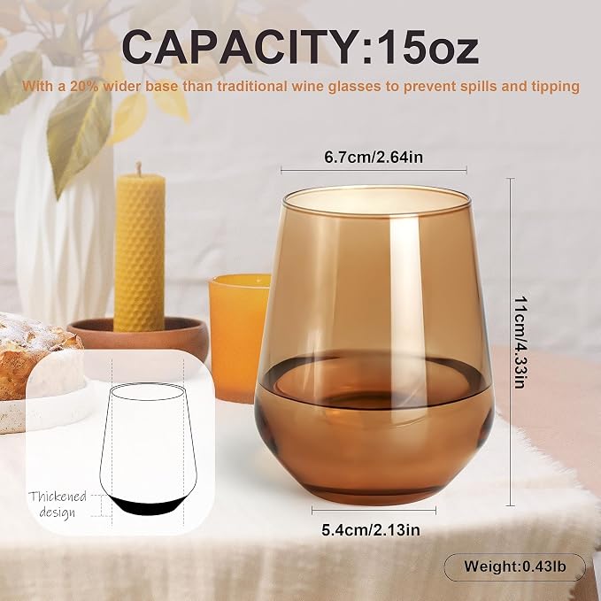 Brown Stemless Wine Glasses Set of 6, 15oz Drinking Glassware Dishwasher Safe, Wine Glass Tumblers for Red or White, Gift for Party, Holiday, Anniversary, Restaurant, Home Bar, Daily Use