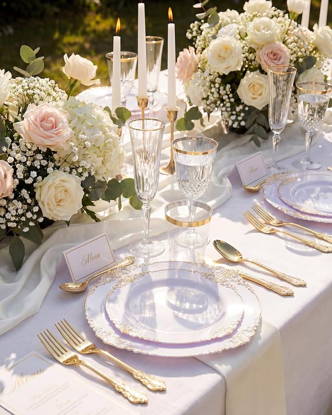 Nervure 700Pcs Gold Plastic Plates, Plastic Dinnerware Set for 100 Guests | 100 7.5" Dessert & 100 10.25" Dinner Plastic Plate, 300 Silverware, 100 10oz Cups, 100 Napkin for Wedding & Party, BPA-free