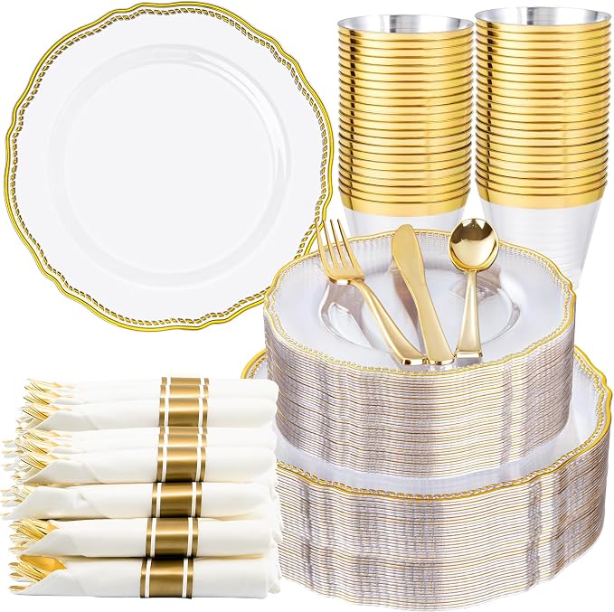 350 Pcs Clear Gold Plastic Plates for Wedding & Party | Gold Plastic Dinnerware Set Includes 50 Dinner Plates, 50 Dessert Dinnerware, 50 Cups, 50 Rolled Napkin Cutlery Perfect