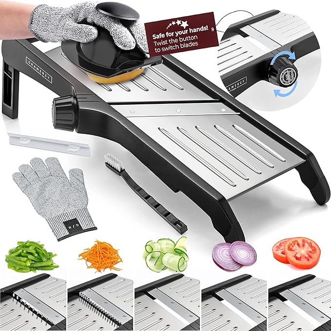 Gramercy Adjustable Mandoline Food Slicer, Mandoline Slicer for Kitchen, Mandolin, Potato, Tomato, Carrot, Vegetable, Fruit and Onion Cutter, Stainless Steel, INCLUDING Cut-Resistant Glove, Black Lite