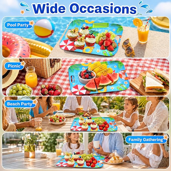 2 Pcs Summer Pool Party Serving Trays with Handles Summer Beach Party Decorations 16 X 11inch Large Melamine Serving Platters for Birthday Baby Shower Hawaiian Tropical Pool Theme Parties Supplies