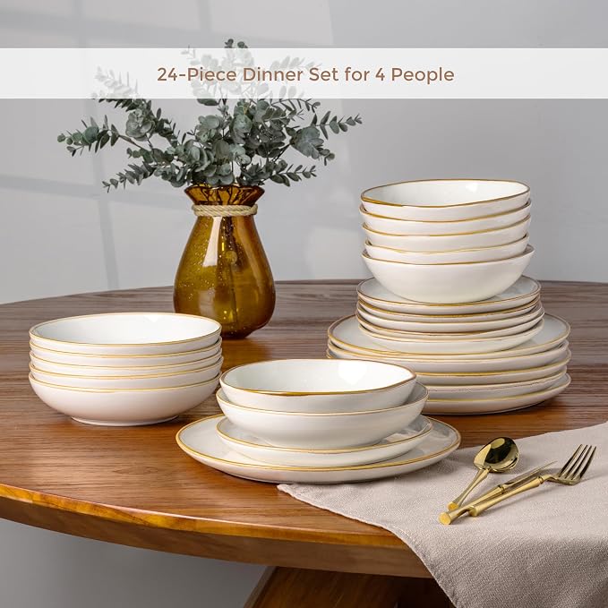 AmorArc Ceramic Dinnerware Sets for 6, 24Pcs Plates and Bowls Sets Dishes | Stoneware Handmade Reactive Glaze Dinner Set, Highly Scratch Resistant | Dishwasher & Microwave Safe Dishware