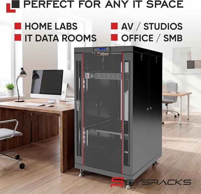22U Home Server Rack Cabinet – 19" Floor Standing Network Rack, 32" Deep Homelab Rack with Locking Glass Door, Cooling Fans, PDU & Shelf for NAS, Router, Switch and AV Equipment