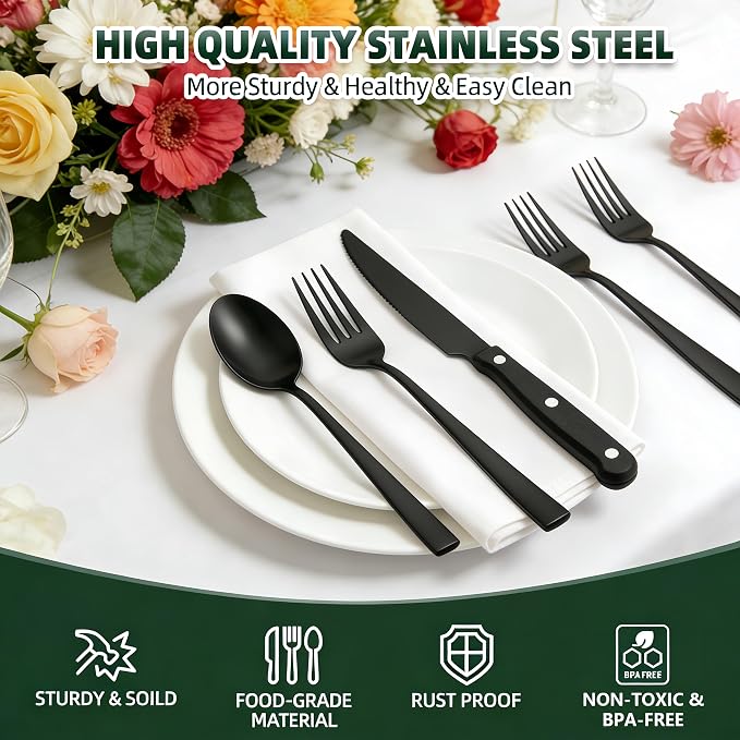 72-Piece Black Silverware Set with Steak Knives for 12, Black Flatware Set | CEKEE Stainless Steel Tableware Cutlery Set, Kitchen Utensils Set for Home & Restaurant, Heavy Duty & Mirror Finished