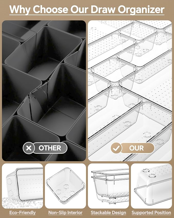 KEMETHY 25 PCS Plastic Drawer Organizers Set, 4 Sizes Vanity Organizer | Makeup and Desk Drawer Organizer Trays, Organization and Storage for Makeup, Bathroom, Kitchen Utensils and Office (Clear)