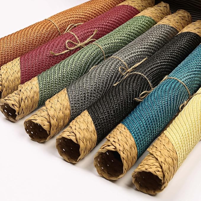 Round Placemats Set of 6, Woven Table Mats, Wide Edge, Green | Braided Paper Edge, 15 Inch Diameter, Fits Dinner Plate and Flatware, Wipeable, Heat Resistant, Indoor Dining, Outdoor Patio