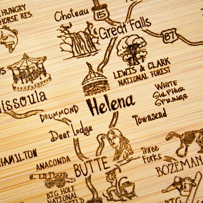 Totally Bamboo A Slice of Life Montana Engraved Map Cutting Board | 11” x 8.75” charcuterie board with engraved state map artwork. Smooth reverse side for food prep. Hang tie for wall display.