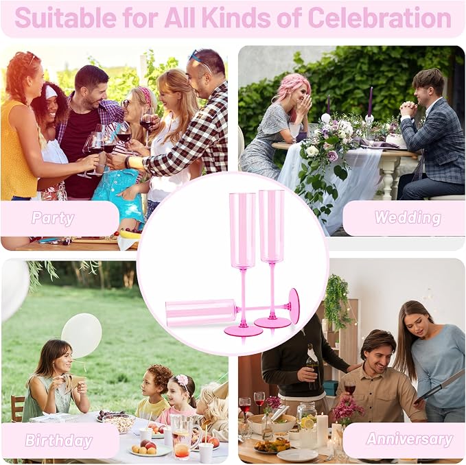 YOUBET 24Pack Pink Plastic Champagne Flutes 6 oz | Clear Pink Champagne Disposable Glasses - Square Plastic Toasting Glasses for Anniversary Party Birthday Wedding