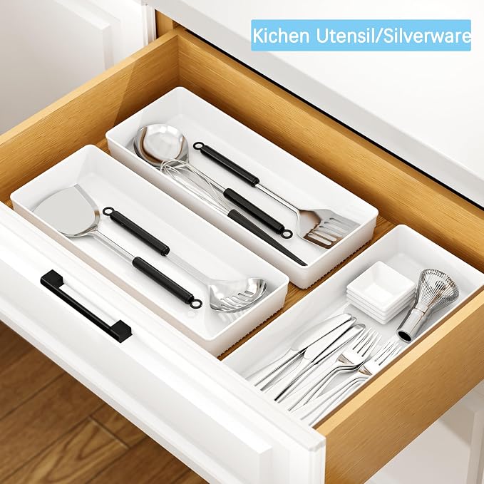 3 Pack White Large Size Plastic Drawer Organizer Tray Cutlery Utensil Makeups Drawer Organizers 15" X 6"