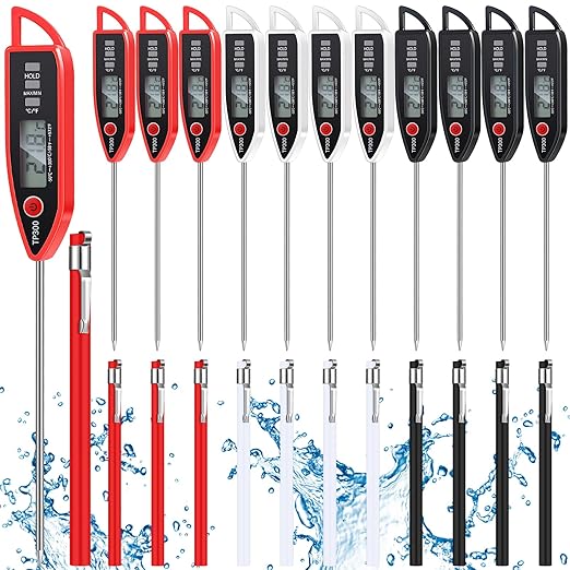 12 Set Digital Food Thermometer Long Probe Instant,Black,White,Red | Waterproof for Water, Liquid, Candle and Cooking Meat Thermometer Read for Kitchen BBQ Grill Candy