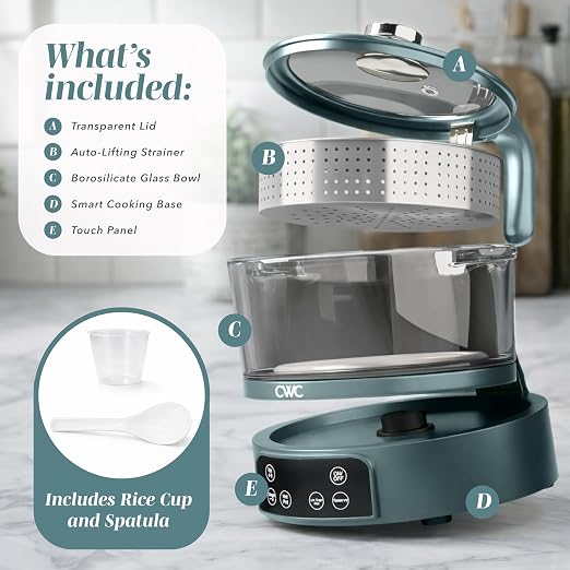 COOK WITH COLOR Glass Mini Low Carb Rice Cooker – Holds 2 Cups Raw/Makes 6 Cups Cooked with Auto Lift Filter Basket, Hotpot & Steamer for Rice, Grains, Digital Panel with Keep Warm, Slate Blue