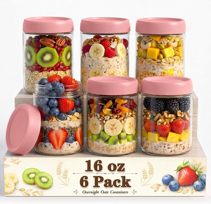 16 oz Overnight Oats Containers with Lids, Wide Mouth Mason Jars with Lids | 6 Pack Yogurt Containers with Lids, Air Tight Overnight Oats Jars for Salad, Reusable Glass Jar for Candy, Snack, Sugar, Jam