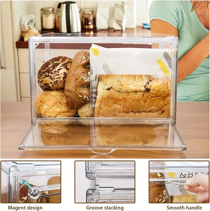 RISICULIS 2PCS Large Bread Box for Countertop, Stackable Double Layer Storage Container, Clear Boxes for Kitchen Counter, Bread Keeper for Homemade Bagel, Muffins, Rolls | Large Capacity Stackable Double Layer, Clear Boxes for Kitchen Counter, Bread Ke...