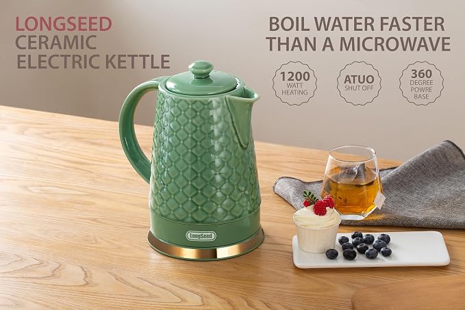 1.5L Ceramic Electric Kettle, 1200W Fast Boil Retro Tea Pot with LED Light, BPA-Free Porcelain Cordless Water Boiler, Auto Shut-Off & Boil-Dry Protection, Green Relief Carving