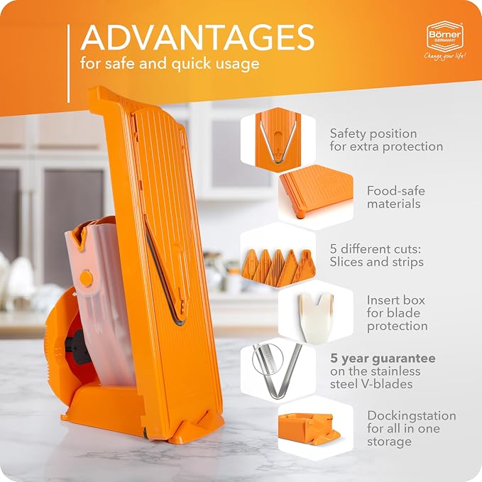 Mandoline Food Slicer Börner V3 (Profi Set) by Reston Lloyd • V-Slicer with 4 Inserts, Docking Station & Food Holder • Made in Germany • Fruit & Vegetable Chopper • Multiple Settings • Color: Orange