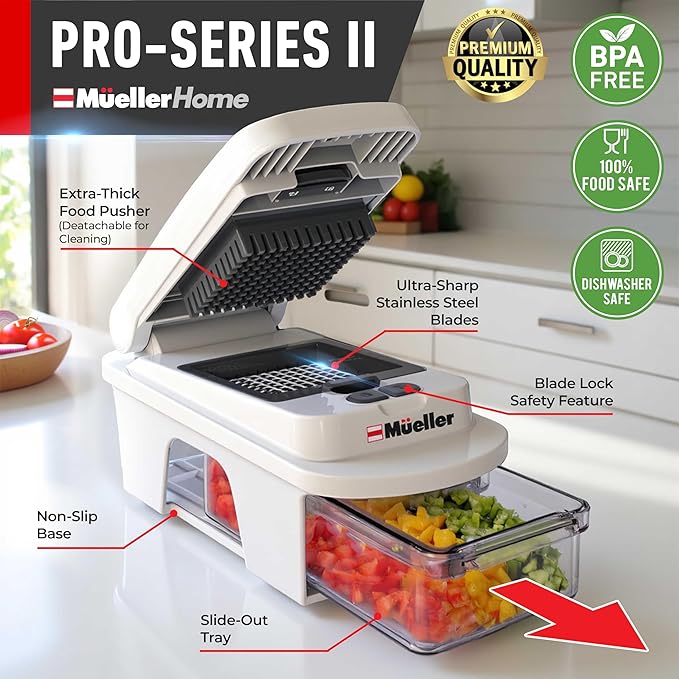 Mueller Pro-Series All-in-One, 12 Blade Mandoline Slicer for Kitchen | Spiralizer, Food Chopper, Vegetable Slicer, Cutter, Dicer, Grater, Kitchen Gadgets with Container, White Sand/Gray