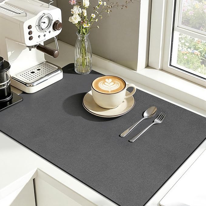 Findosom Dish Drying Mat, 12"x 20" Super Absorbent & Hide Stain Coffee Mat, Cuttable Drying Mat for Kitchen Counter, Coffee Bar Accessories, Under Dish Rack, Coffee Maker, Espresso Machine, DarkGrey-2
