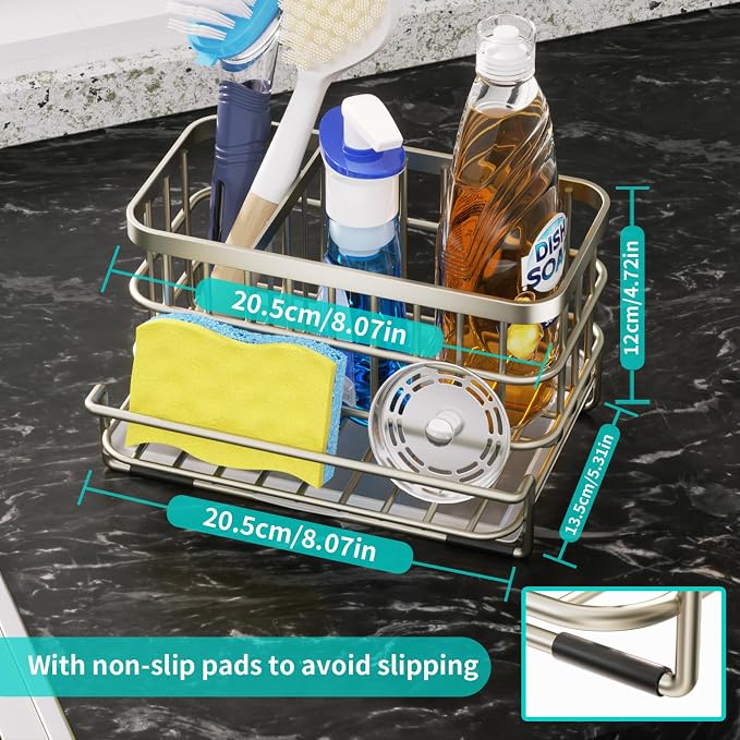 HapiRm Kitchen Sink Caddy Organizer - Versatile Sponge Holder with Drain Tray, SUS304 Stainless Steel Rustproof Kitchen Sink Organizer Storage for Countertop- Brushed Nickel