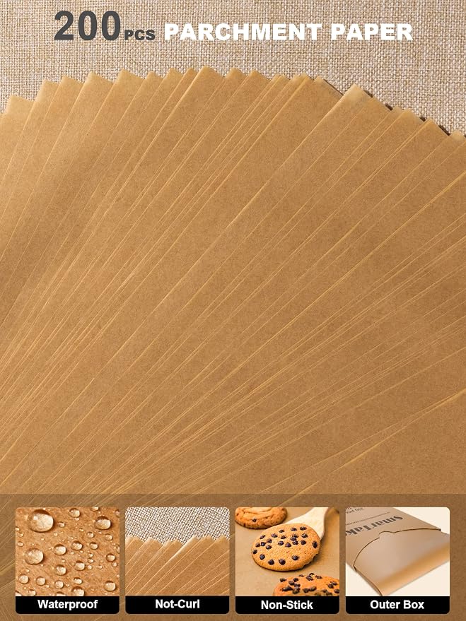 SMARTAKE 200 Pcs Parchment Paper Baking Sheets, 10x15 Inches, Non-Stick | Unbleached Pre-Cut Greaseproof Baking Parchment, Oven Safe up to 450°F, for Grilling Frying Steaming Bread Cup Cake Cookies