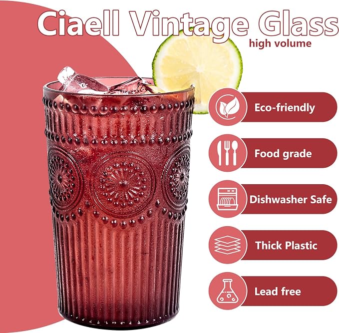 Ciaell 12 Pack Burgundy Plastic Water Glasses for Parties Dinners | 14 oz Burgundy Embossed Ribbed Vintage Drinking Cups, Heavy Duty Plastic, Beer Juice Cocktails for Outdoor Bars Showers