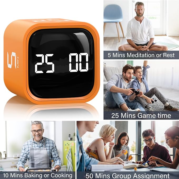 Rotating Pomodoro Timer 5/25/10/50, Desk Productivity Timer for ADHD,Orange | Countdown/Stopwatch Cube Timer, Vibration/High/Low Volume/Custom Modes, for Work Study, Back to School, Kitchen