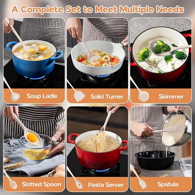 Onader Kitchen Utensils Set, Silicone Non Toxic Cooking Utensils, Khaki | 6 Pcs Heat Resistant Kitchen Gadgets Set for Nonstick Cookware, Dishwasher Safe