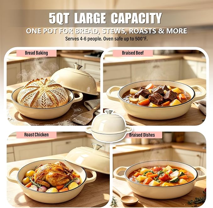 Cast Iron Bread Dutch Oven 6QT Pink Enameled with Lid | Even Heat and Steam for Crispy Crust, Easy-release Enamel, All Stovetops, Safe to 500F, For Sourdough and Artisan Bread