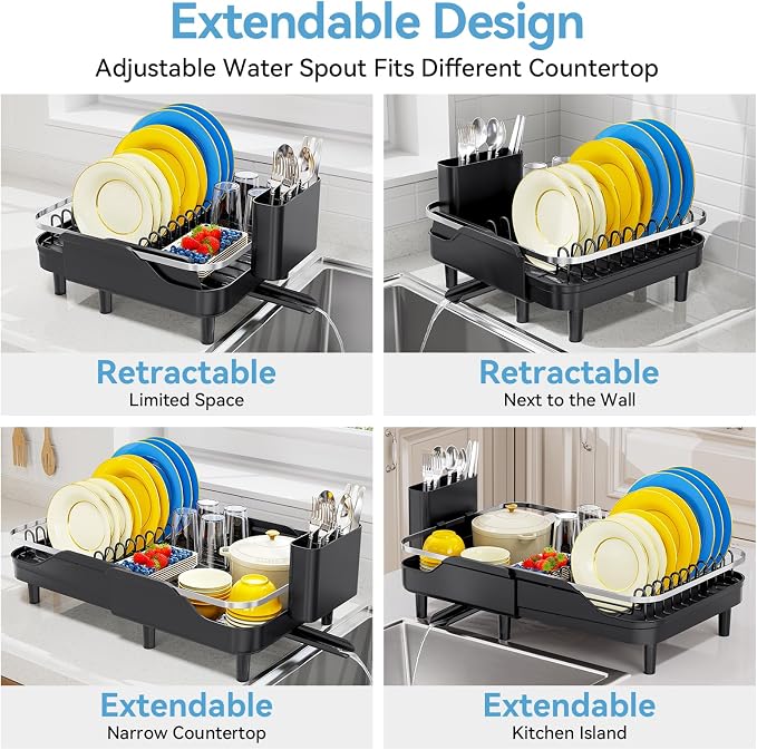 Urackify Expandable Dish Drying Rack for Kitchen Counter,16.2-23.7in,Black | Adjustable Capacity, Countertop-Stay-Dry Drainboard, Heavy-Duty Steel, Stable Plate Rack, Spave Saving for Apartment,RV,Dorms