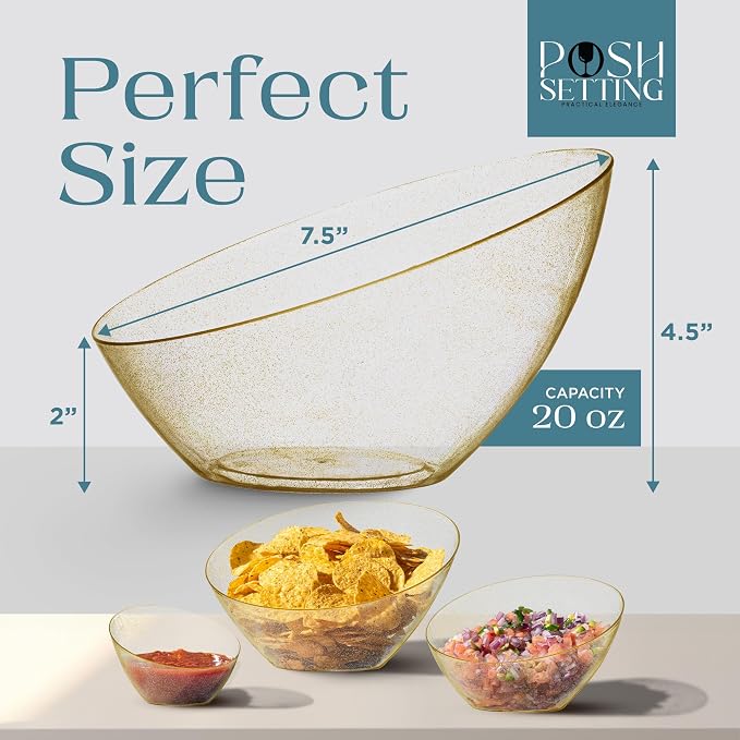 5 Pack Gold Angled Plastic Serving Bowl Disposable for Party Table 2oz | Angled Bowl Design. Chip, Candy, Salad & Fruit Use. Disposable Party Tableware. Buffet & Wedding Serving. Gold Plastic.