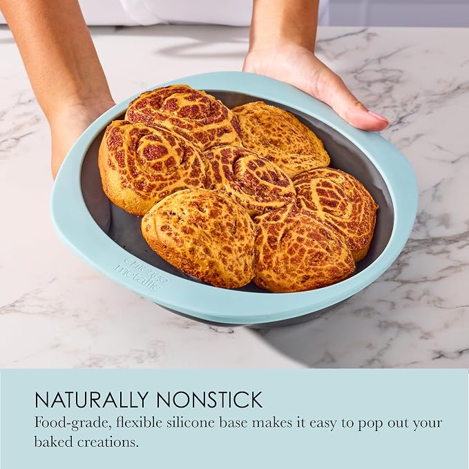 Chicago Metallic 8 Inch Silicone Round Cake Pan - Nonstick Bakeware with Wire-Reinforced Rim, Oven Safe to 428F, Flexible Food-Grade Silicone for Easy Release, Dishwasher Safe